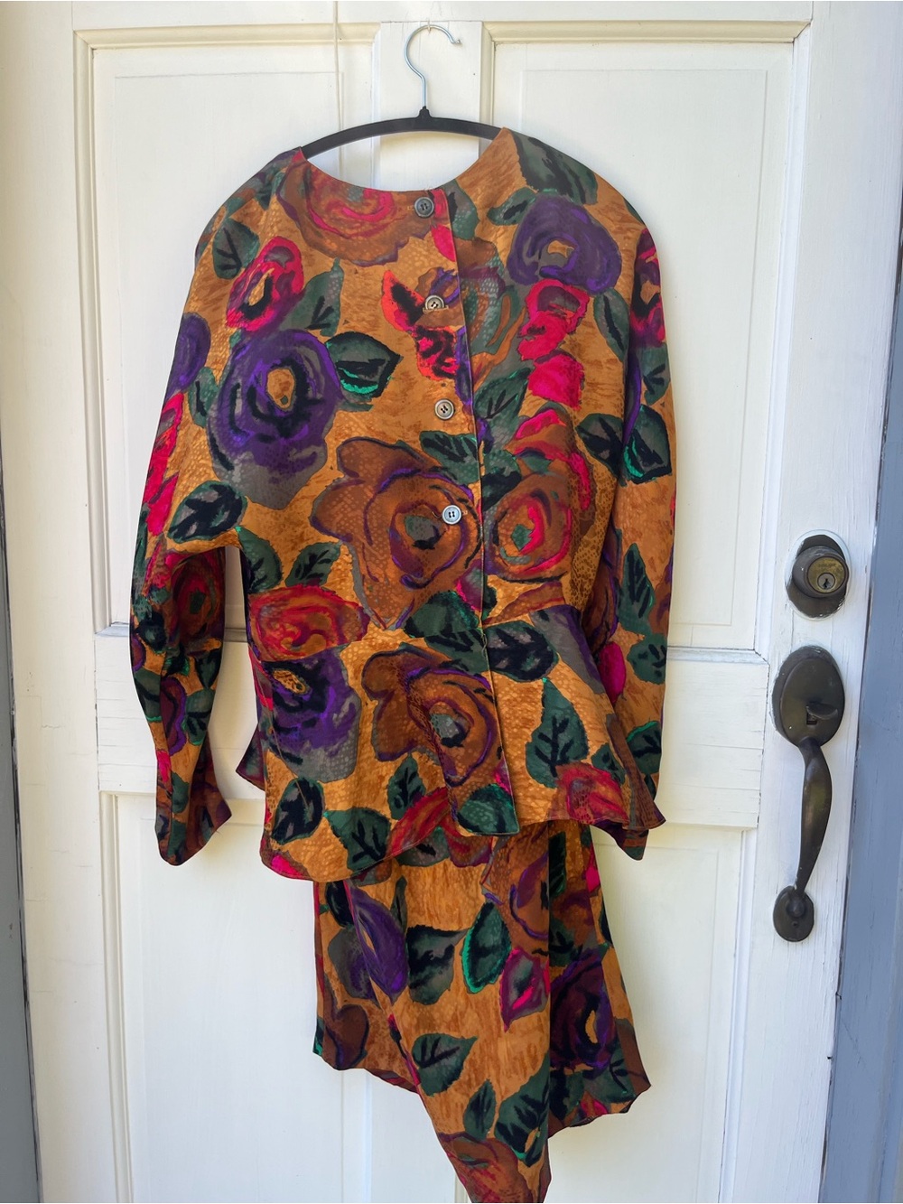 vintage Kay Unger Mustard Floral Button-Front Skirt Set